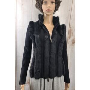 Belldini Blk Faux Rabbit Fur Long Sleeve Knit Cardigan Sweater Zip Close Women M